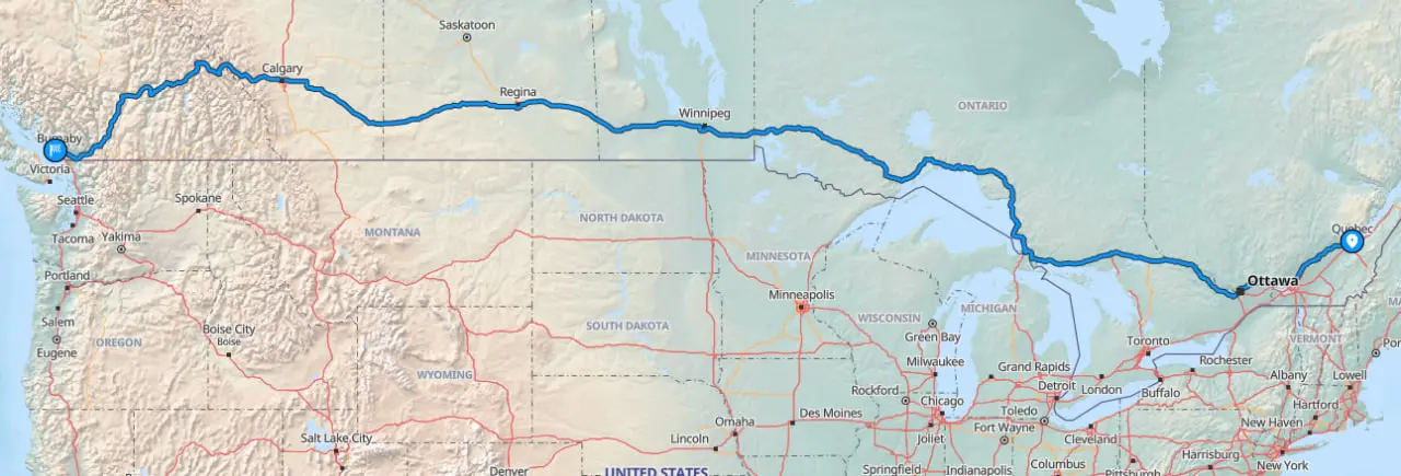 Map showing vehicle shipping route from Quebec City to Vancouver
