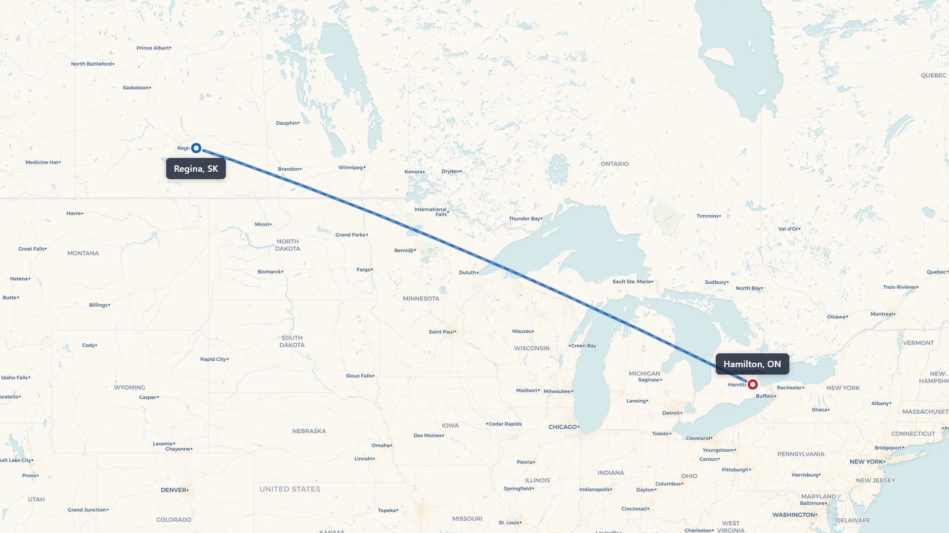 Route map showing car shipping from Regina to Hamilton