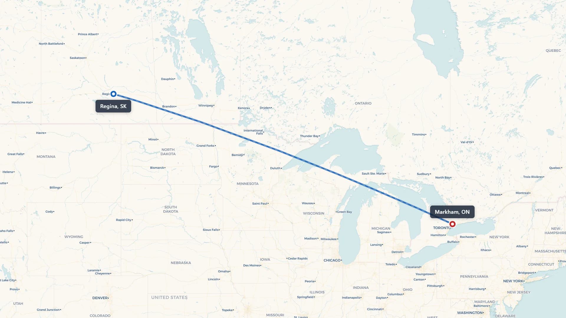 Route map showing car shipping from Regina to Markham