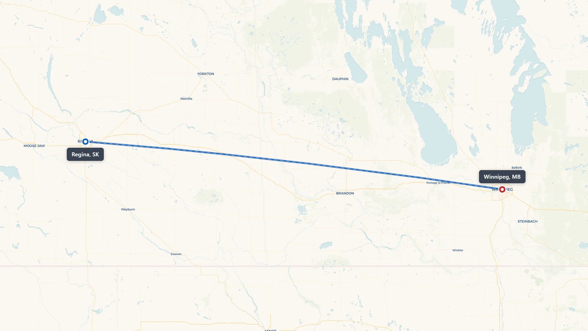 Route map showing car shipping from Regina to Winnipeg