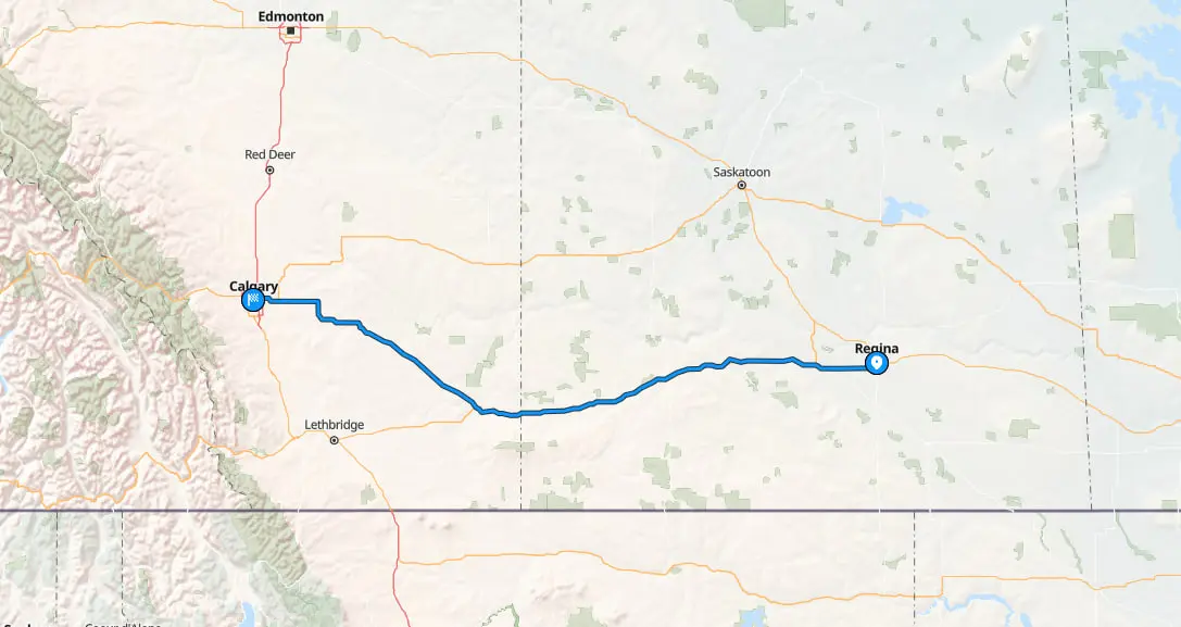 Route map from Regina to Calgary