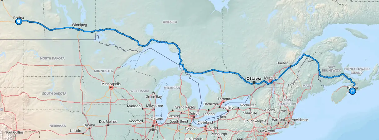 Route map from Regina to Halifax