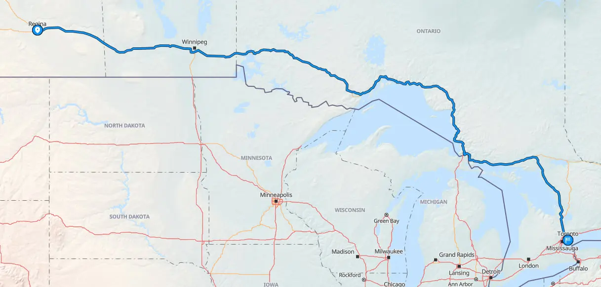 Route map from Regina to Toronto