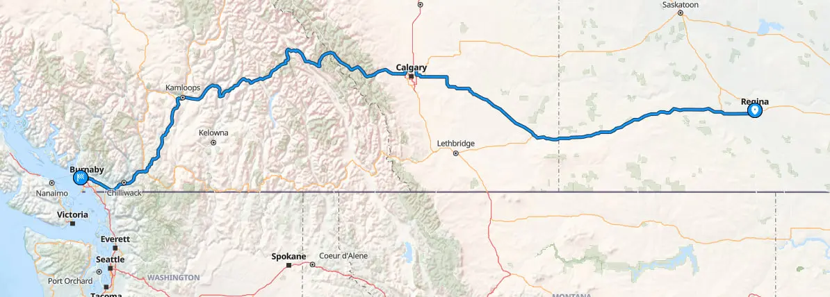 Route map from Regina to Vancouver