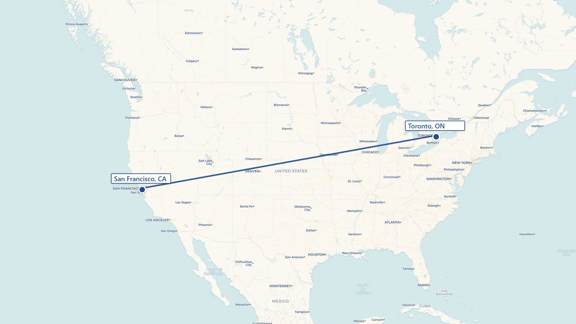 Map showing San Francisco to Toronto cross-border shipping route