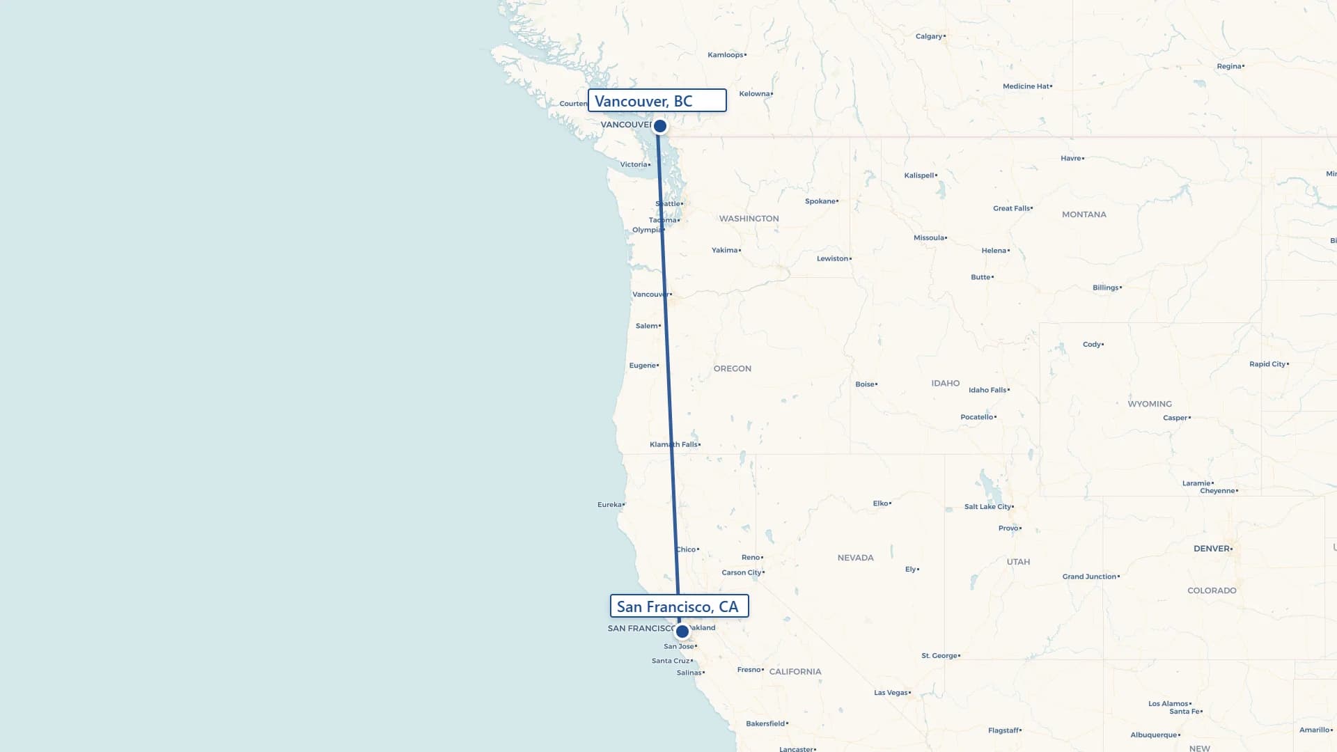 Map showing San Francisco to Vancouver cross-border shipping route