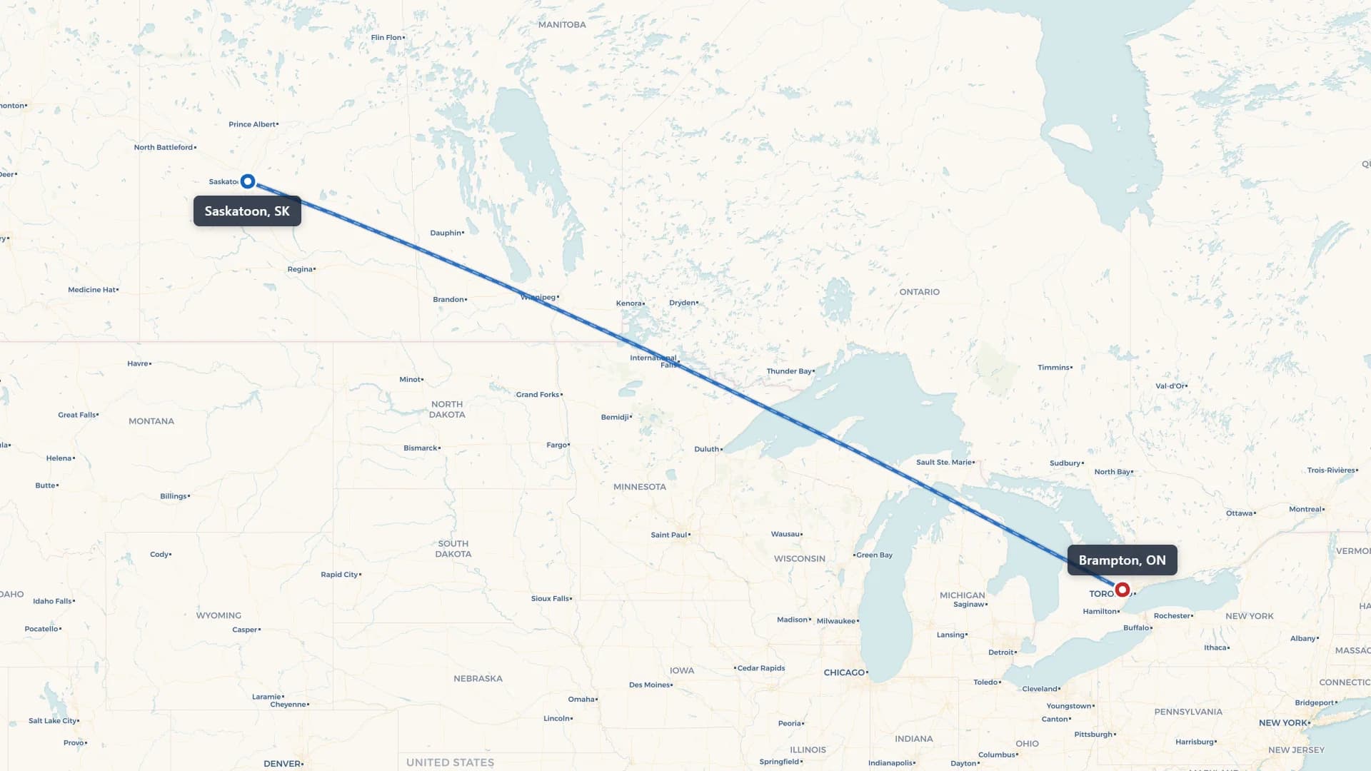 Route map showing car shipping from Saskatoon to Brampton