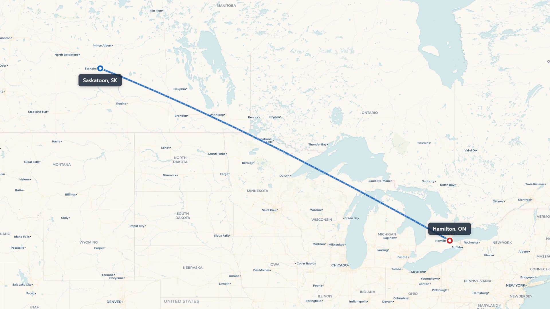 Route map showing car shipping from Saskatoon to Hamilton