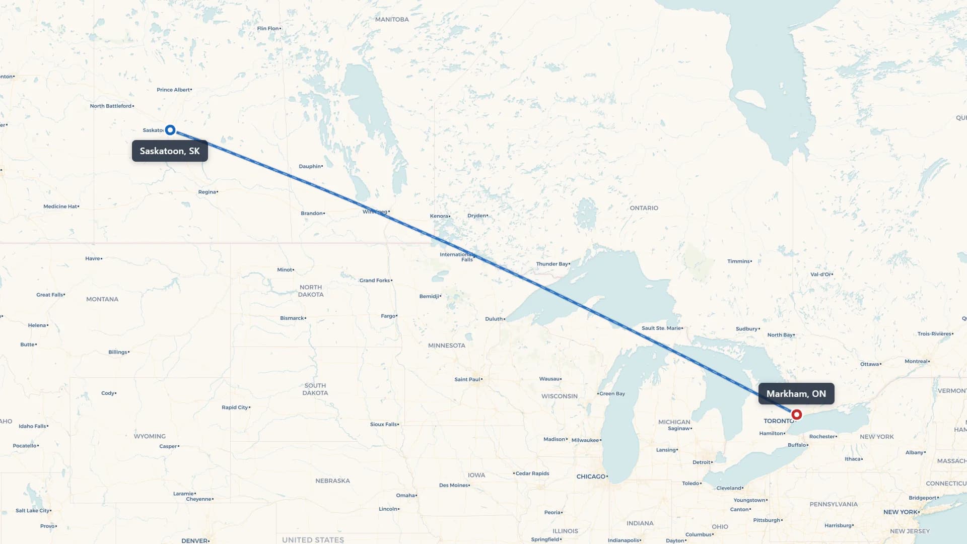 Route map showing car shipping from Saskatoon to Markham
