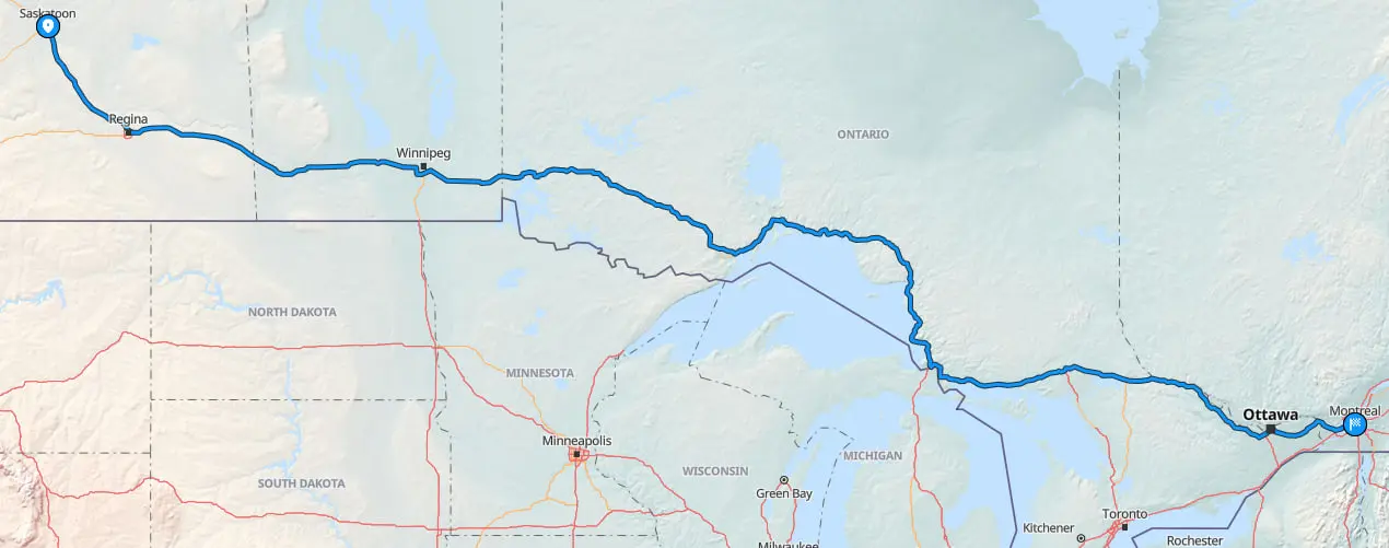 Map of Saskatoon to Montreal car shipping route