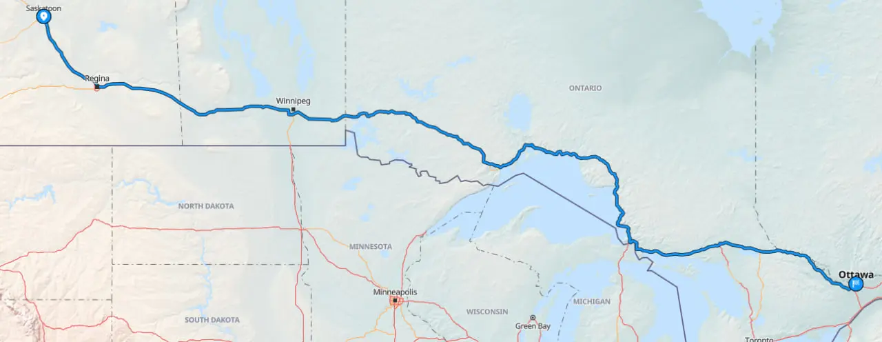 Map of Saskatoon to Ottawa car shipping route