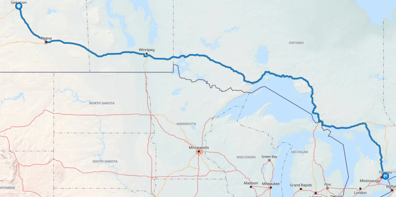 Route map Saskatoon to Toronto