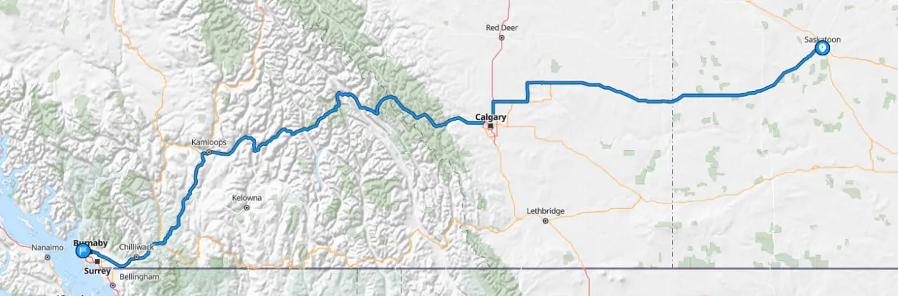Route map Saskatoon to Vancouver