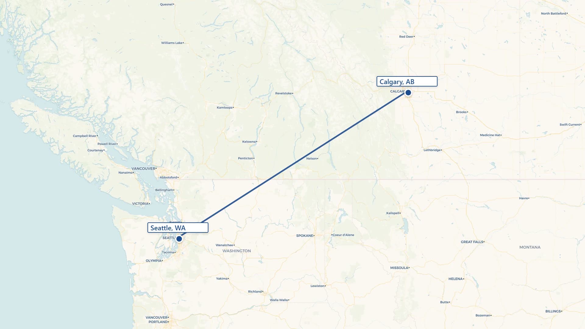 Map showing Seattle to Calgary cross-border shipping route