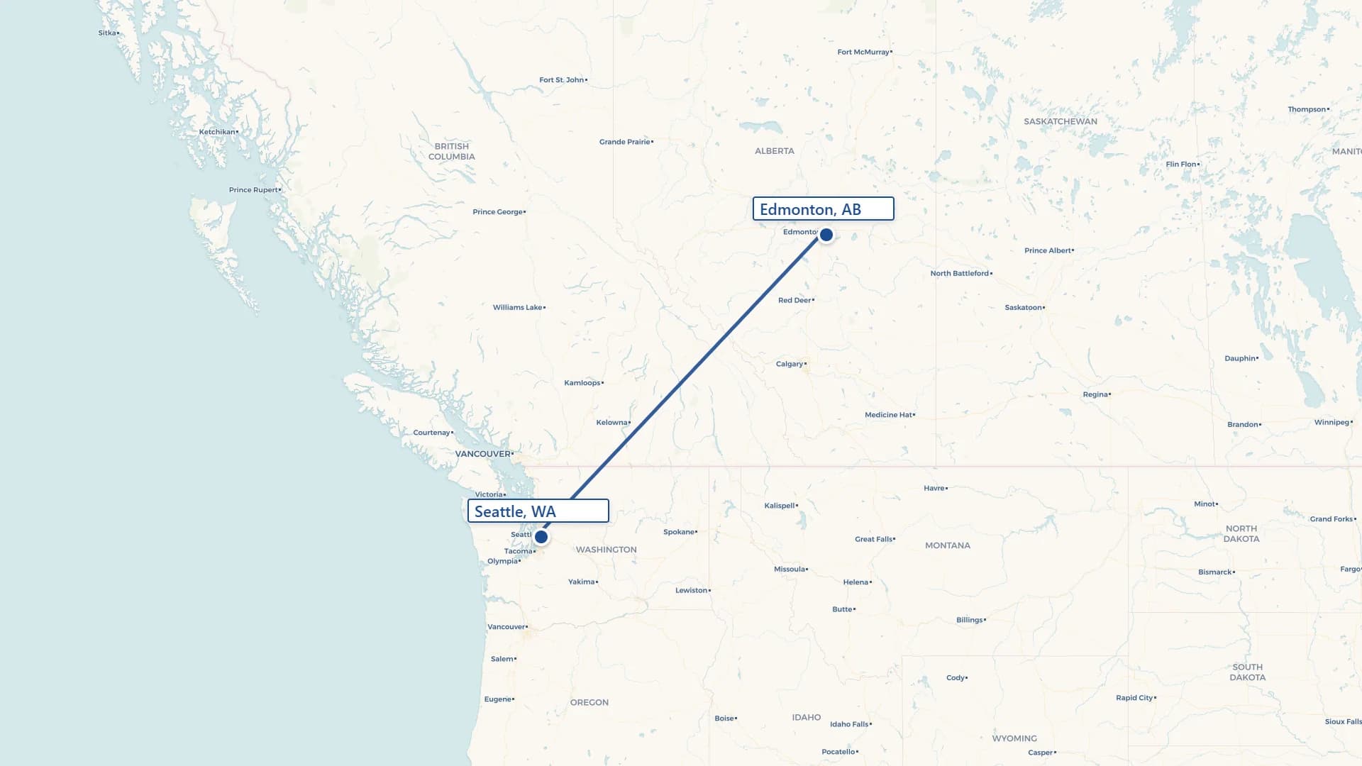 Map showing Seattle to Edmonton cross-border shipping route