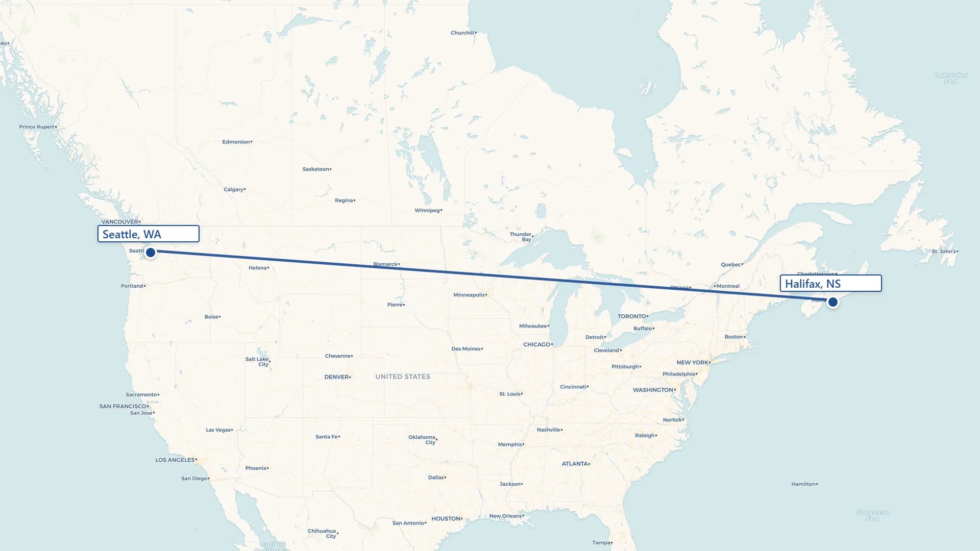 Map showing Seattle to Halifax cross-border shipping route