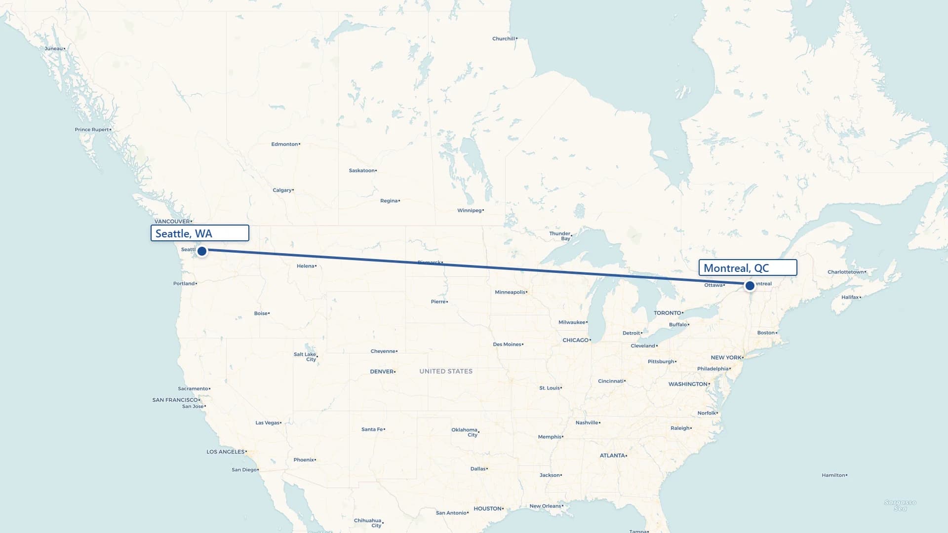Map showing Seattle to Montreal cross-border shipping route