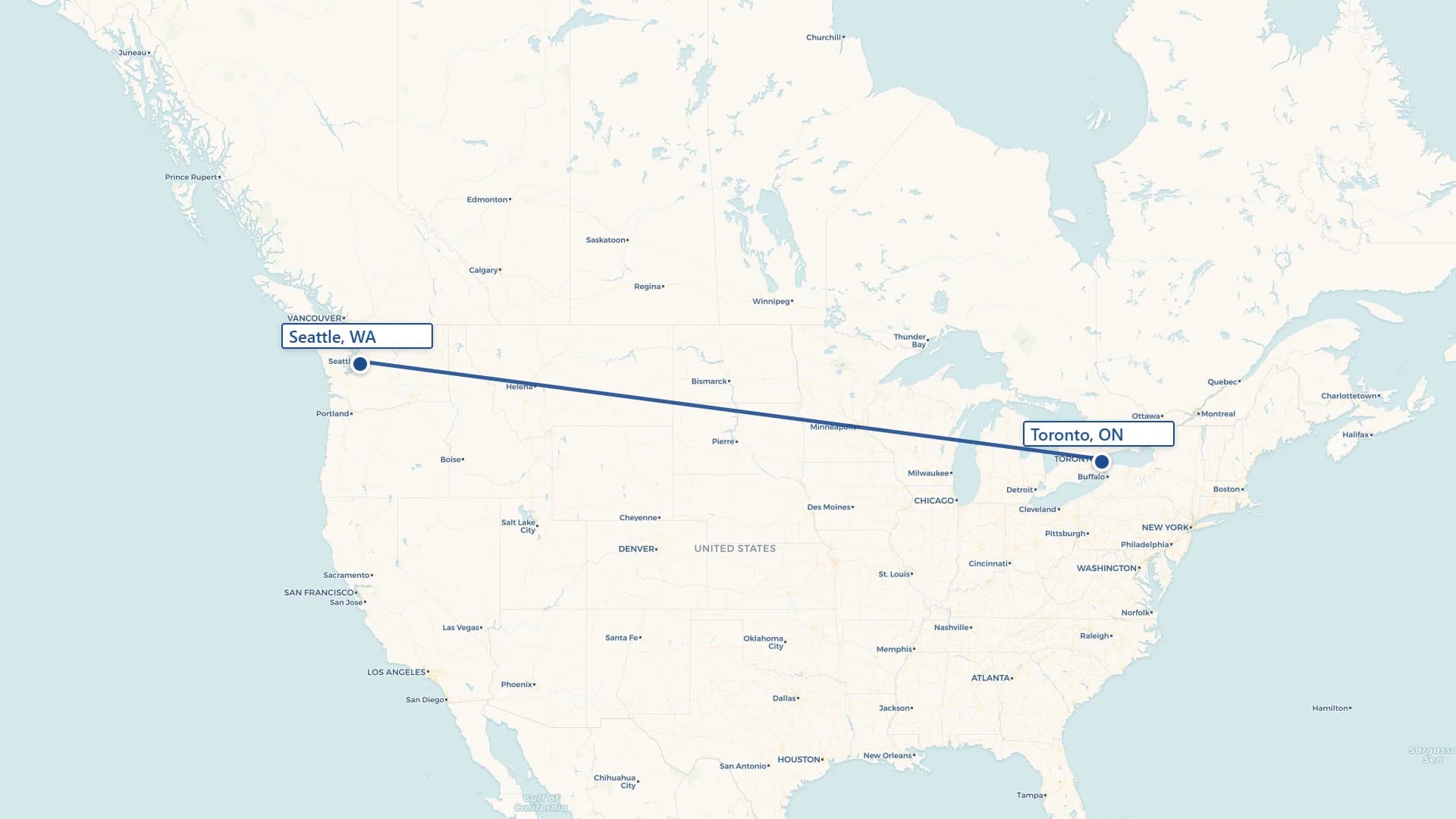 Map showing Seattle to Toronto cross-border shipping route