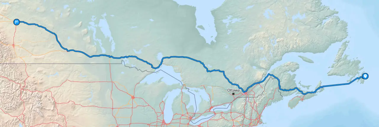 St. Johns to Edmonton route map