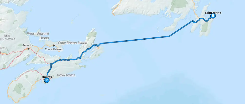 Map showing vehicle route from St. Johns to Halifax