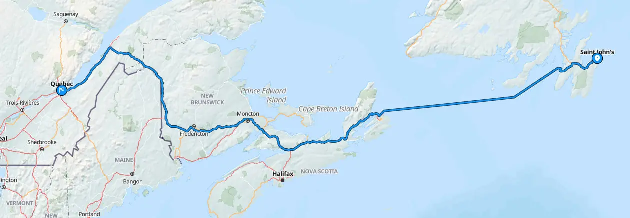 St. Johns to Quebec City vehicle transport route map