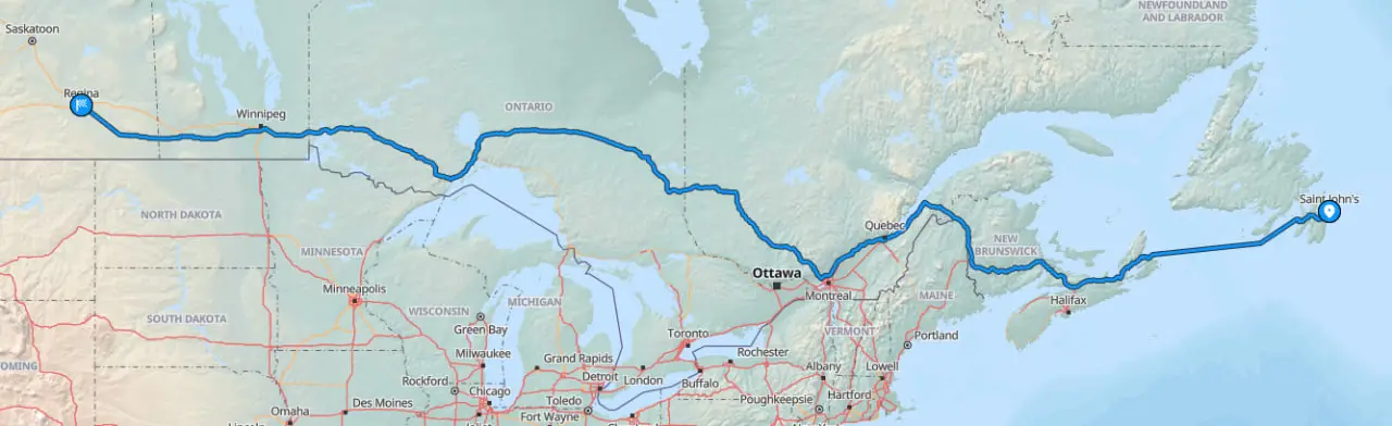 Map showing route from St. Johns to Regina