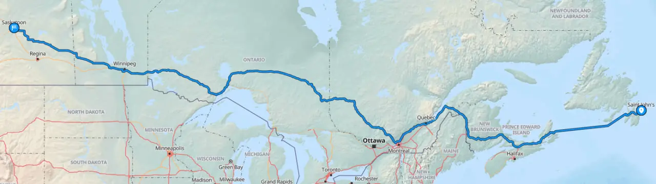 Route map from St. Johns to Saskatoon