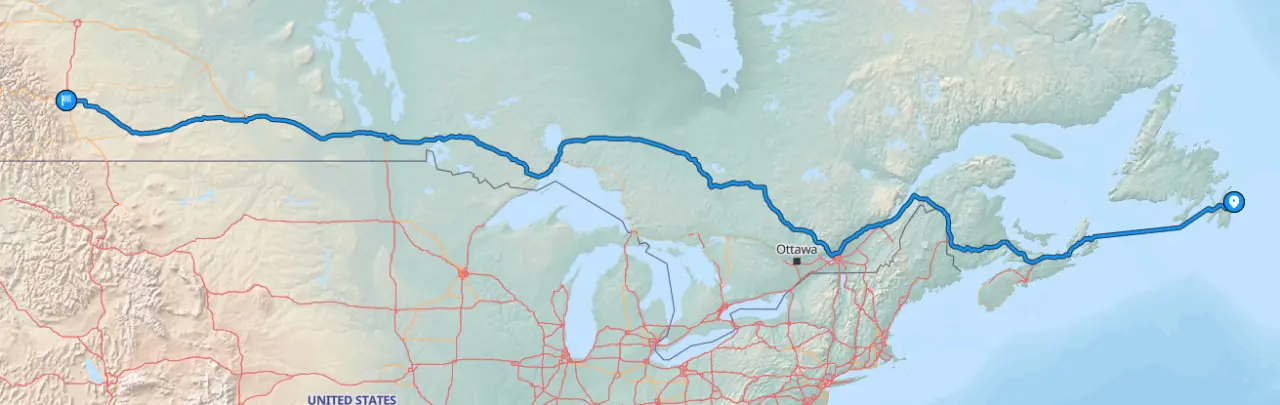 Map showing route from St. Johns to Calgary