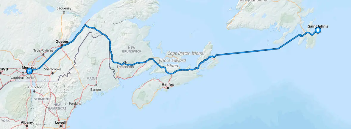 Map showing St. Johns to Montreal route