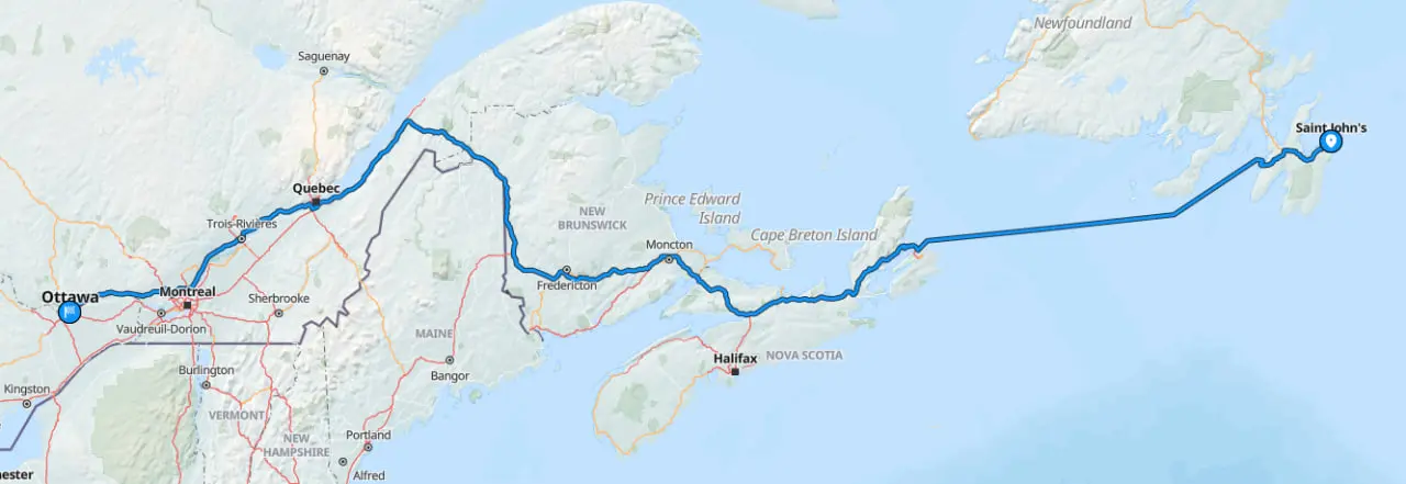 Map showing St. Johns to Ottawa car route