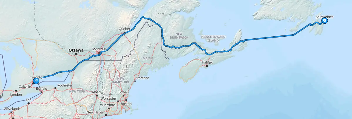 Map showing car route from St. Johns to Toronto