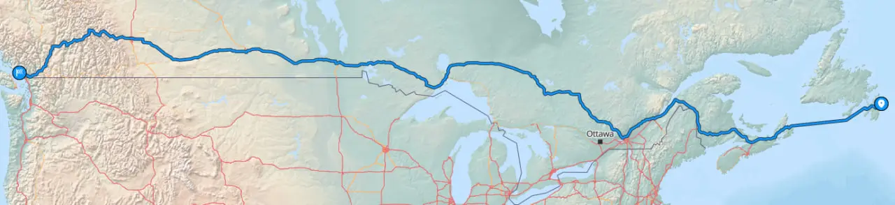 Map from St. Johns to Vancouver