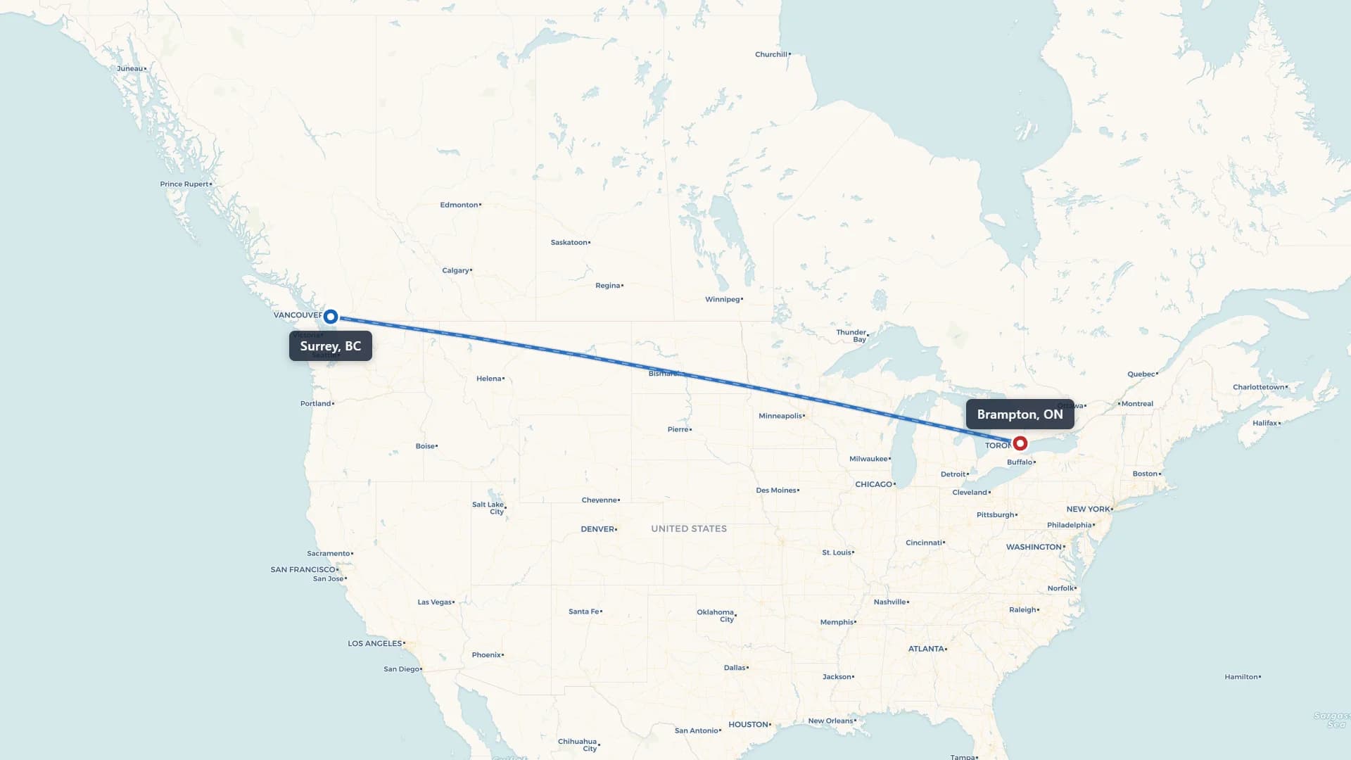 Route map showing car shipping from Surrey to Brampton