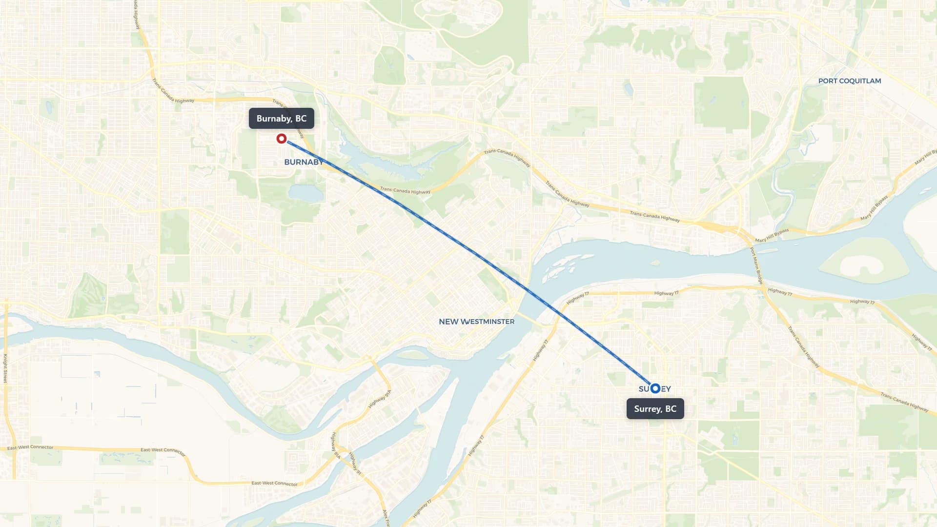 Route map showing car shipping from Surrey to Burnaby