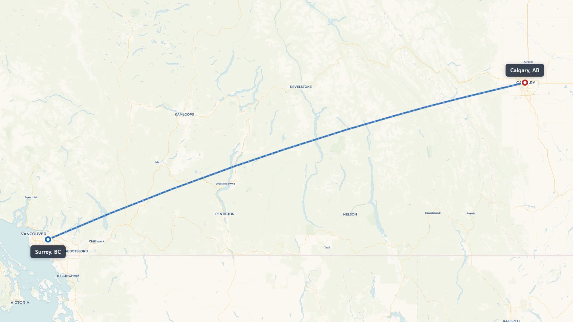 Route map showing car shipping from Surrey to Calgary