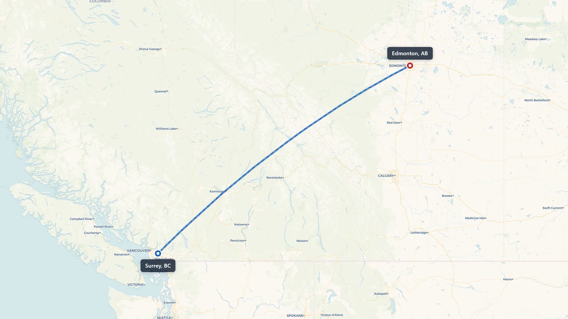 Route map showing car shipping from Surrey to Edmonton