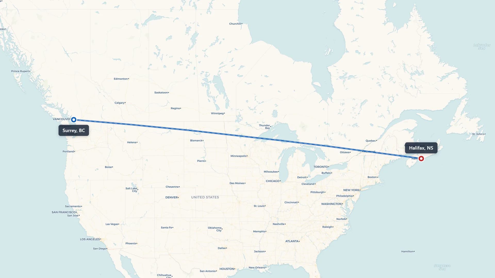 Route map showing car shipping from Surrey to Halifax