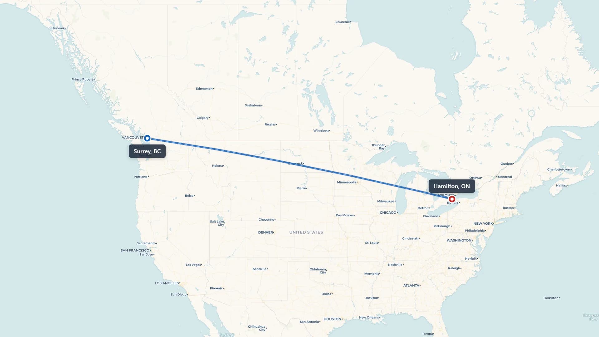 Route map showing car shipping from Surrey to Hamilton