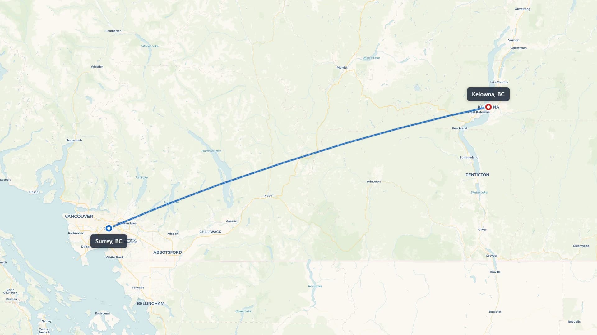 Route map showing car shipping from Surrey to Kelowna