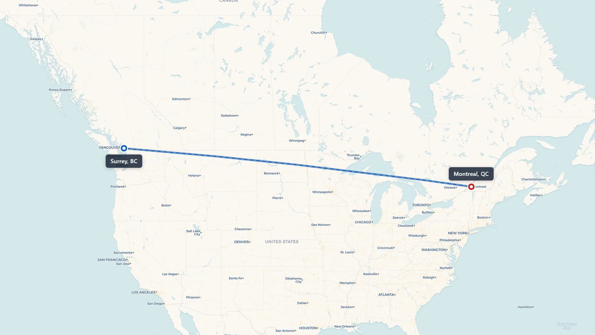 Route map showing car shipping from Surrey to Montreal