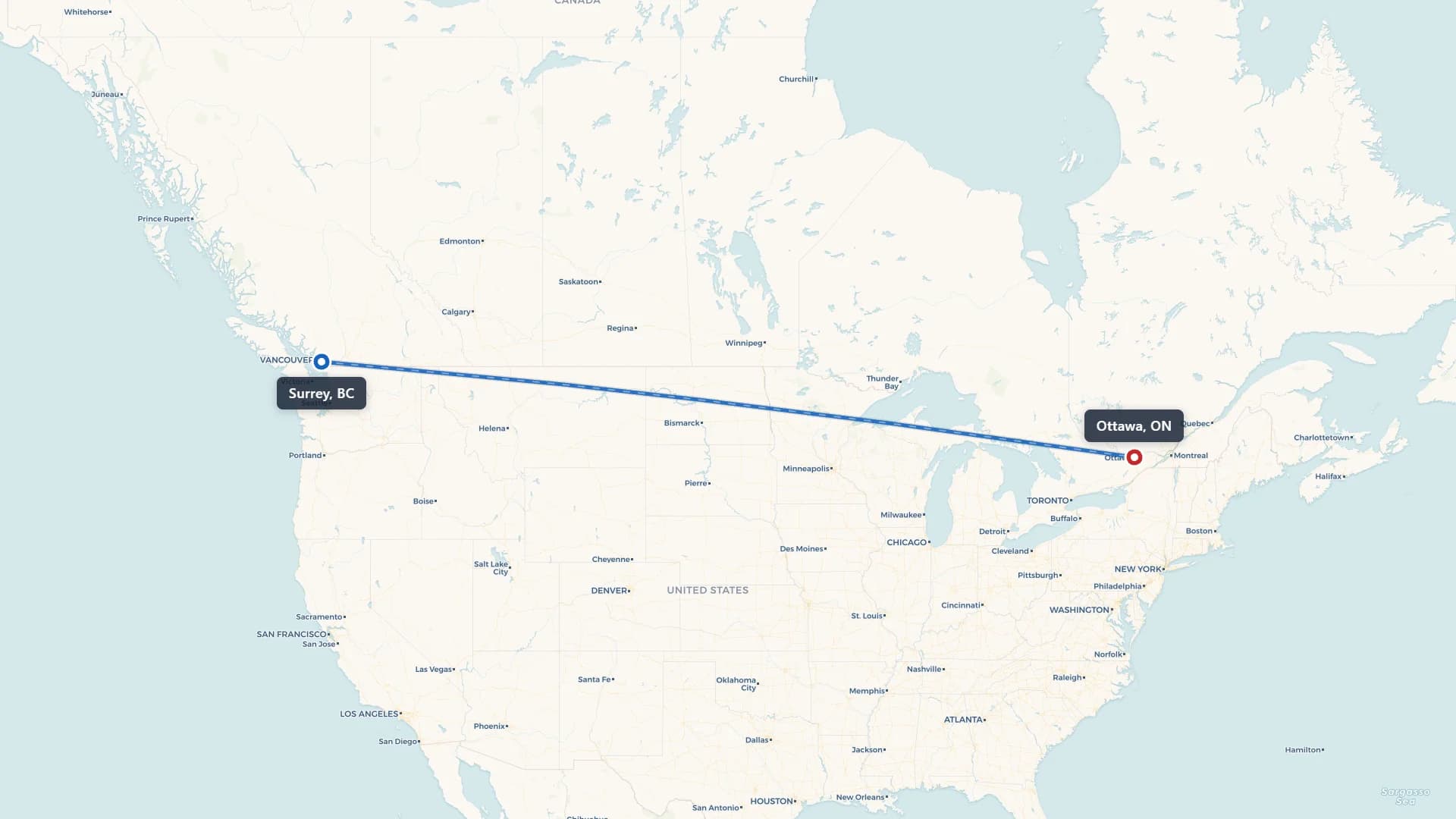 Route map showing car shipping from Surrey to Ottawa