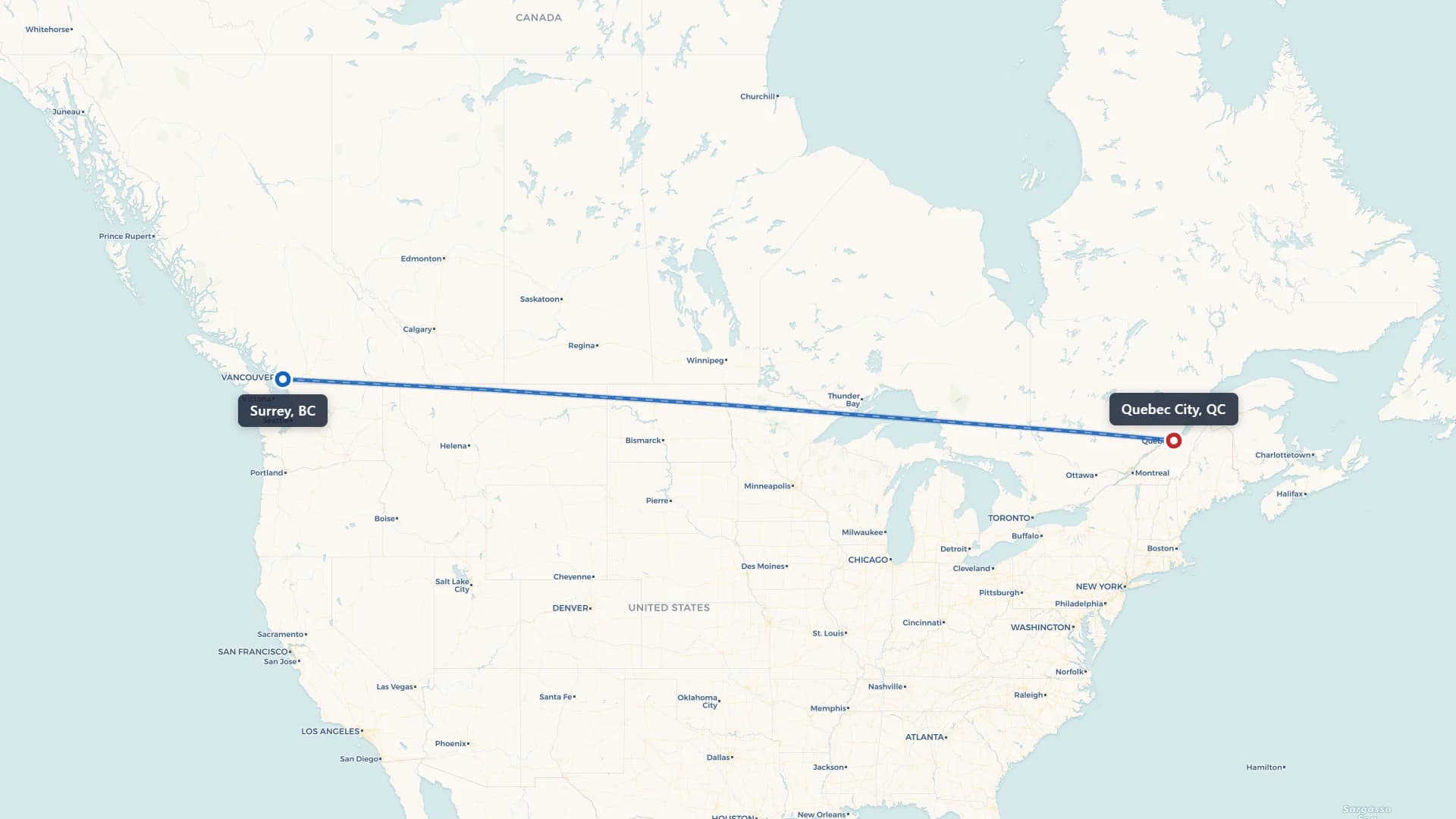 Route map showing car shipping from Surrey to Quebec City