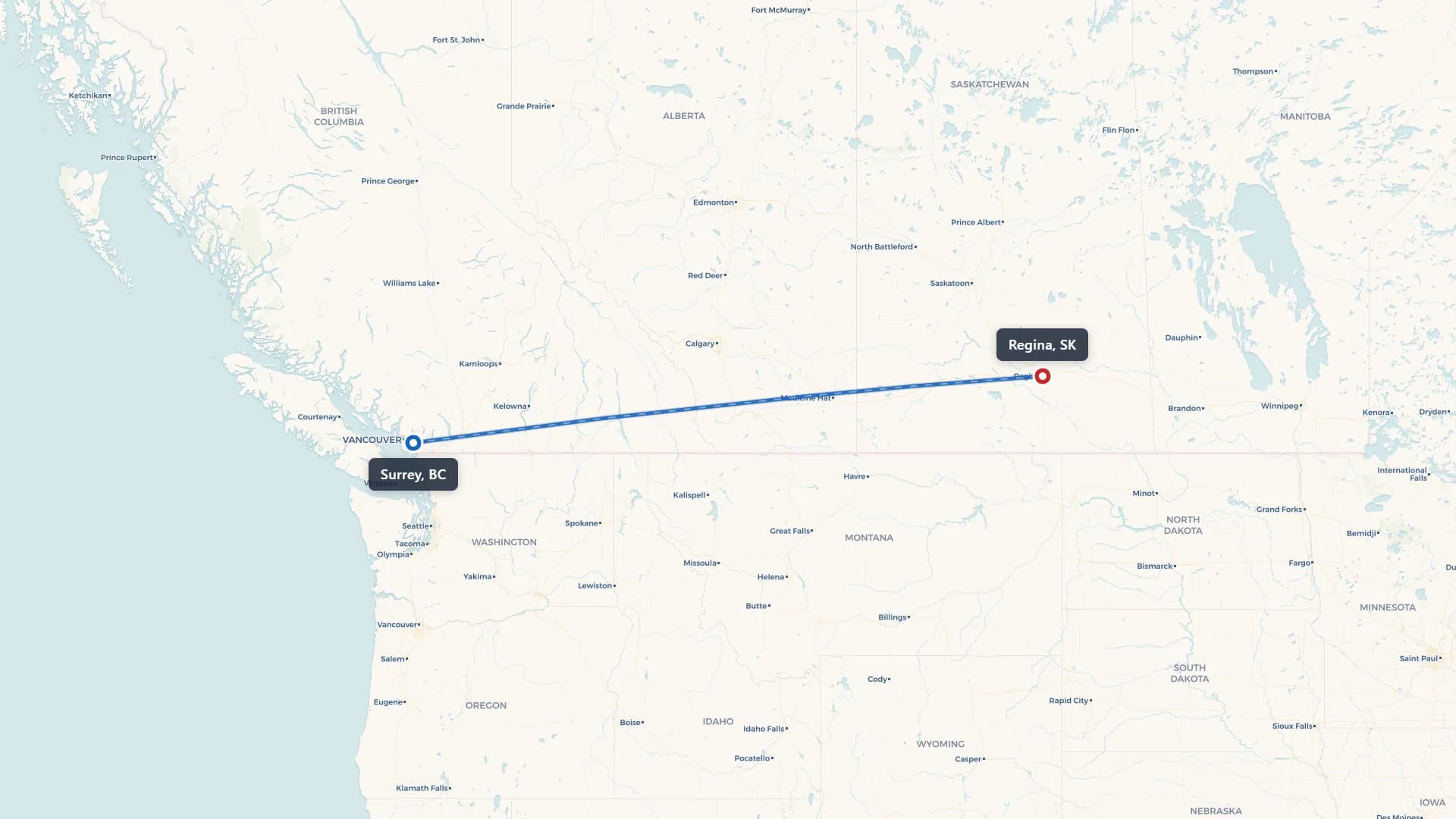 Route map showing car shipping from Surrey to Regina