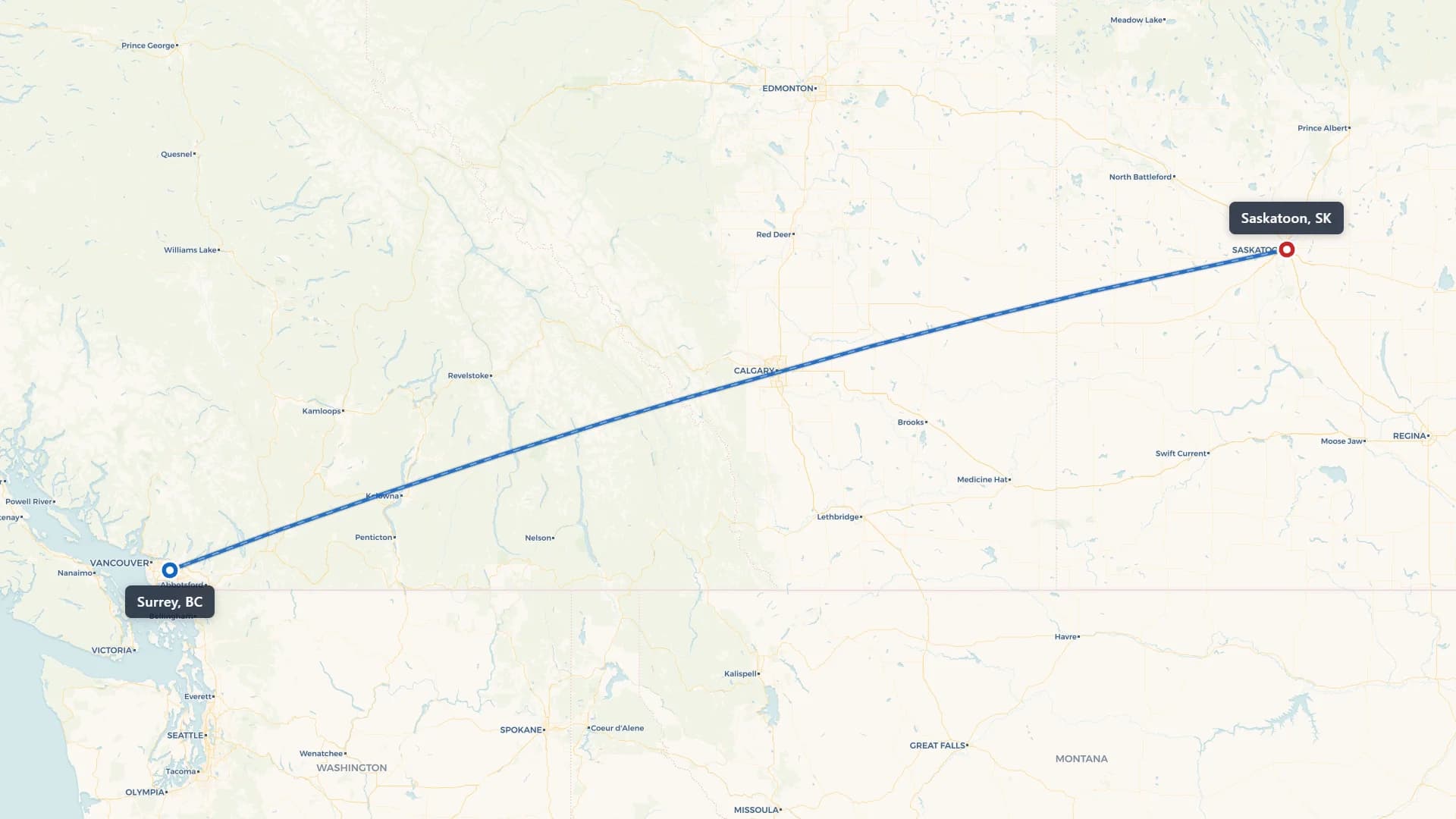 Route map showing car shipping from Surrey to Saskatoon