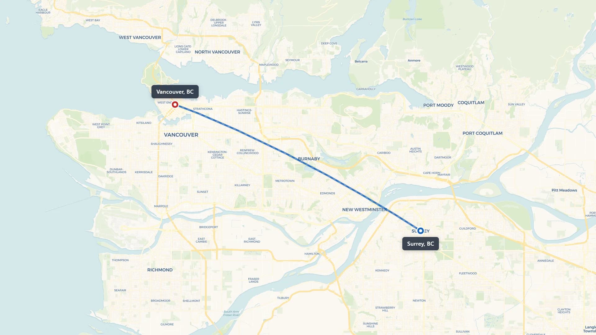 Route map showing car shipping from Surrey to Vancouver