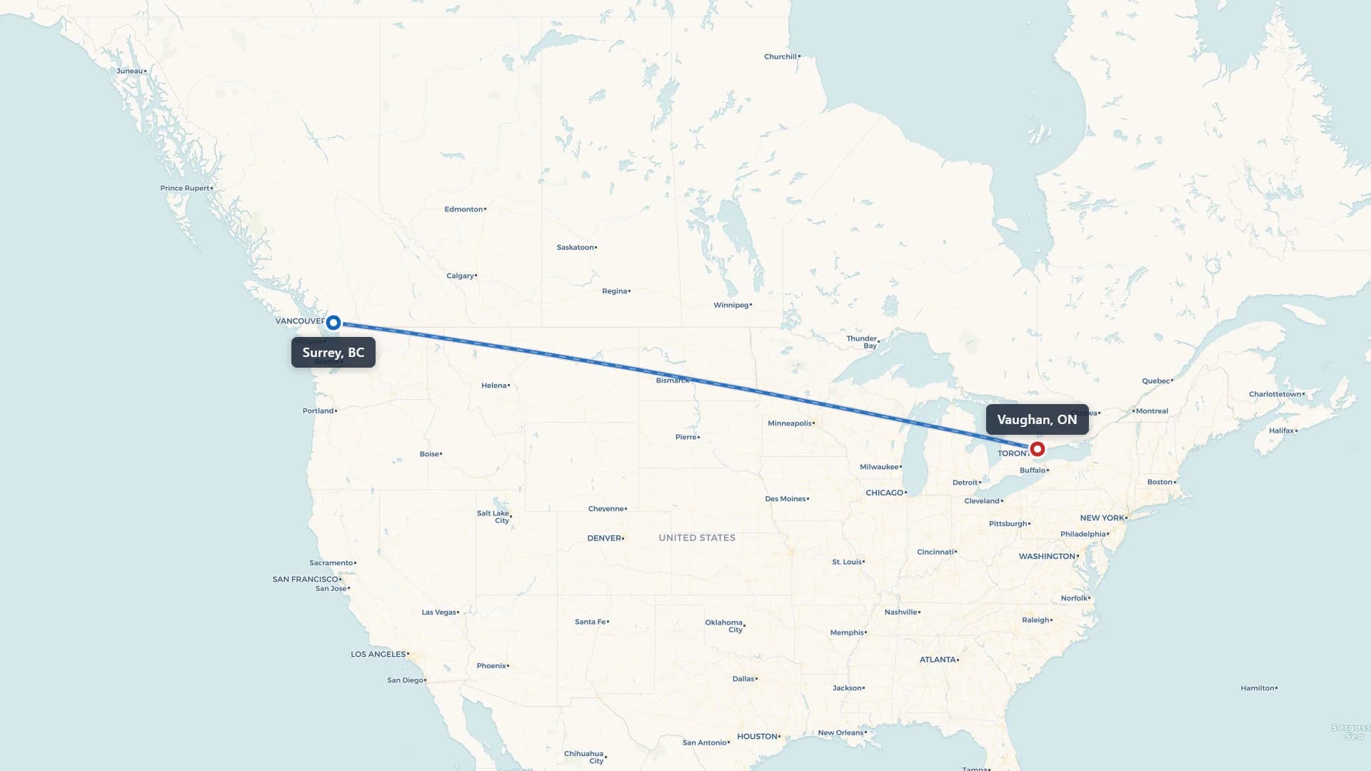 Route map showing car shipping from Surrey to Vaughan
