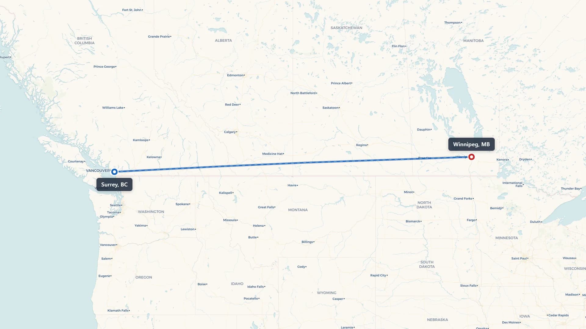 Route map showing car shipping from Surrey to Winnipeg