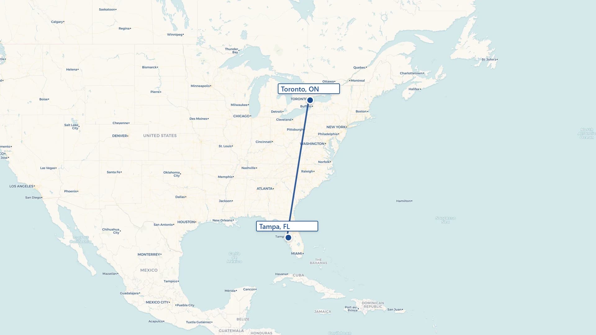 Map showing Tampa to Toronto cross-border shipping route