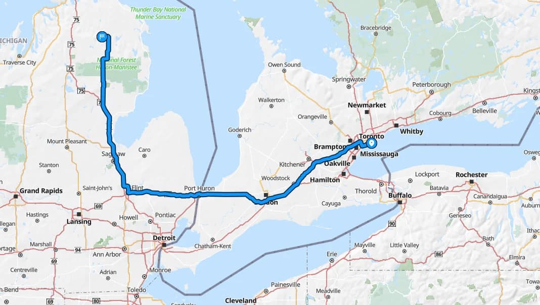 Map of Toronto to Atlanta route