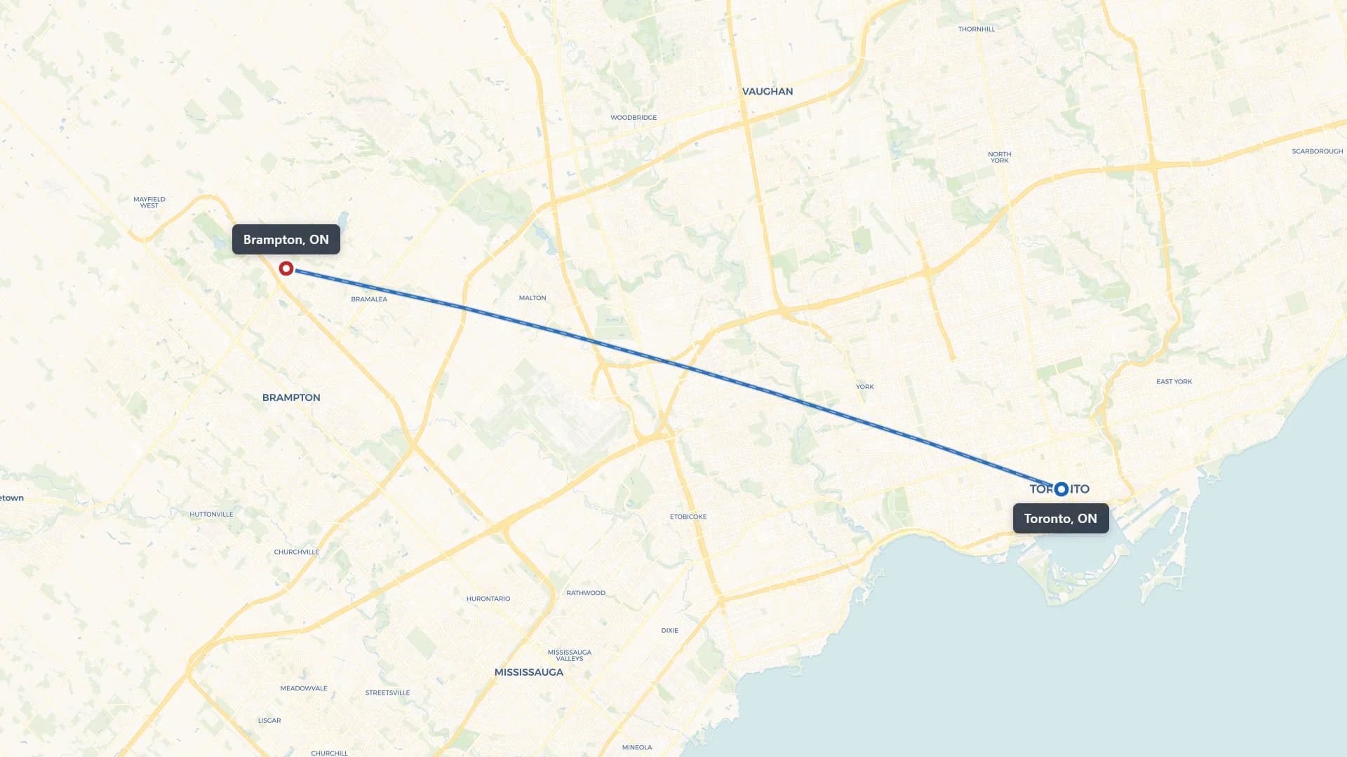 Route map showing car shipping from Toronto to Brampton